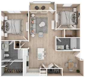 2 bedroom, 2 bathroom floor plan at Audubon Park Apartment Homes in Zachary, LA