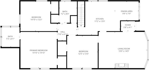 A floor plan of a house with a living room, dining area, kitchen, and several bedrooms.