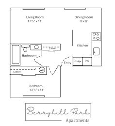 A floor plan for Berryhill Park Apartments shows a living room, dining room, kitchen, bathroom, entry way, fridge, and bedroom.