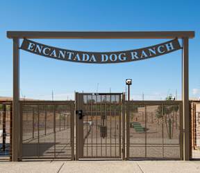 The entrance to the Encantada Dog Ranch is secured with a metal gate.