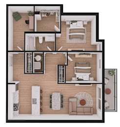 A floor plan of a house with a kitchen, living room, dining room, and two bedrooms.