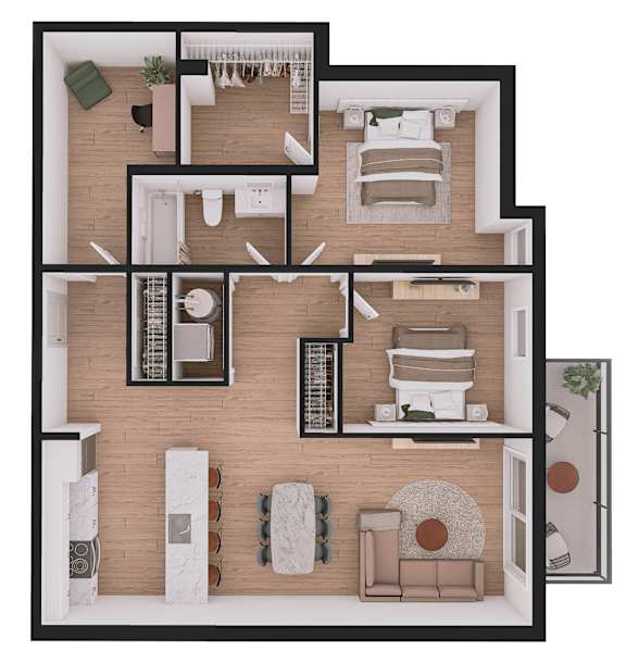 A floor plan of a house with a kitchen, living room, dining room, and two bedrooms.