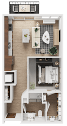 A detailed floor plan of a small apartment with a kitchen, living room, and bathroom.