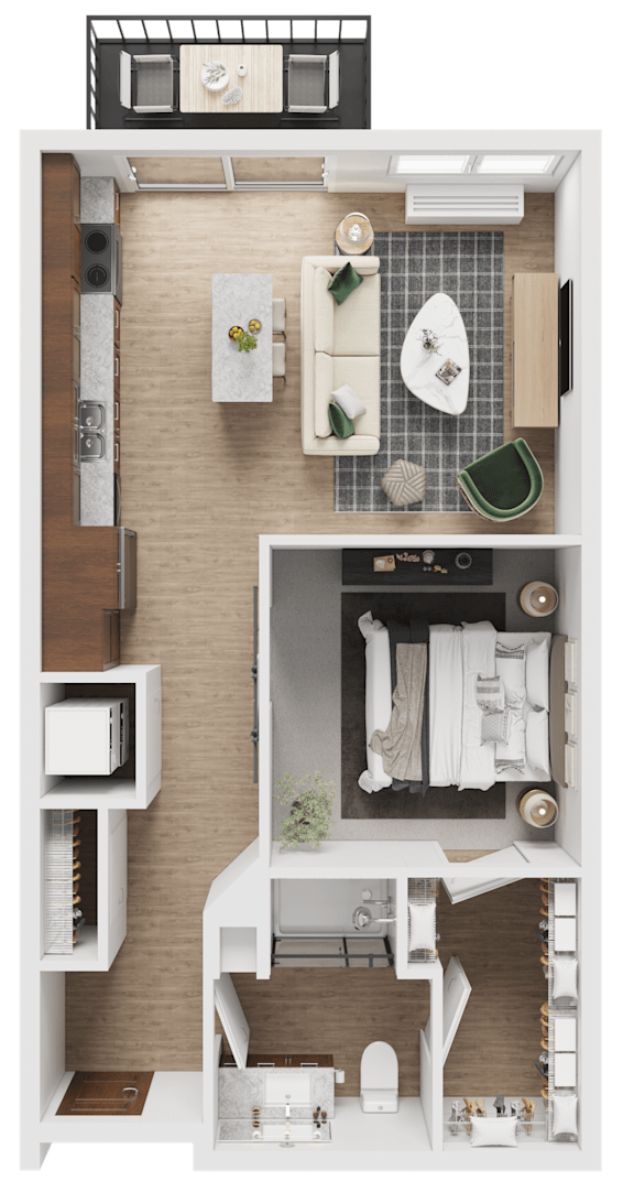 A detailed floor plan of a small apartment with a kitchen, living room, and bathroom.