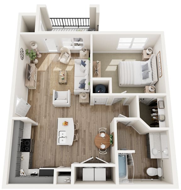 a 3d rendering of a floor plan with a bedroom and living room