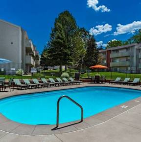 A large outdoor swimming pool surrounded by lounge chairs and umbrellas.