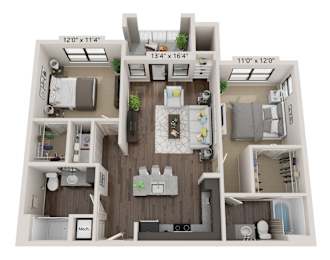 A 3D floor plan of a two-bedroom apartment with a living room, kitchen, and bathroom.