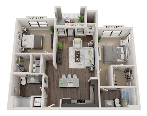 A 3D floor plan of a two-bedroom apartment with a living room, kitchen, and bathroom.