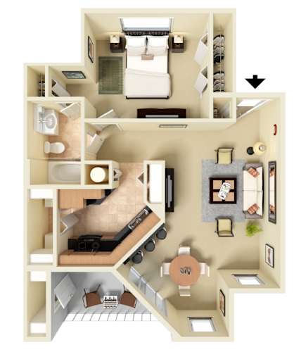Floor Plan  Furnished 3D floor plan of the American Shoal one-bedroom apartment at Providence at Palm Harbor, staged to illustrate furniture placement in the bedroom, living room, dining area, and kitchen.