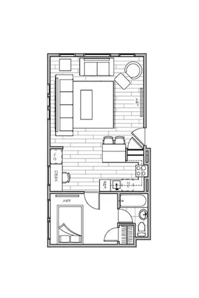 floor plan of the apartment with bedroom and kitchen on the second floor