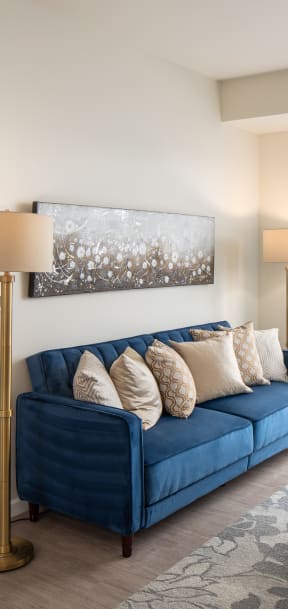 a living room with a blue couch