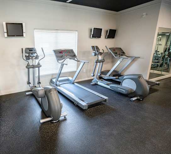 A gym with treadmills, elliptical machines, and other exercise equipment.