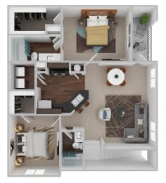 a stylized 3d floor plan with a bedroom and living room at Century HomePlace, Prattville