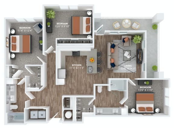 Three bedroom apartment floorplan at The Overlook at Winter Garden, FL