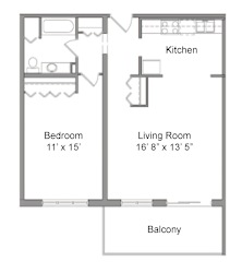 A floor plan for a one bedroom apartment with a balcony.
