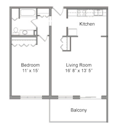 A floor plan for a one bedroom apartment with a balcony.
