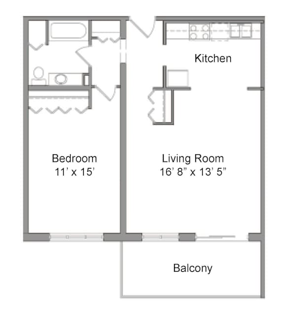 A floor plan for a one bedroom apartment with a balcony.