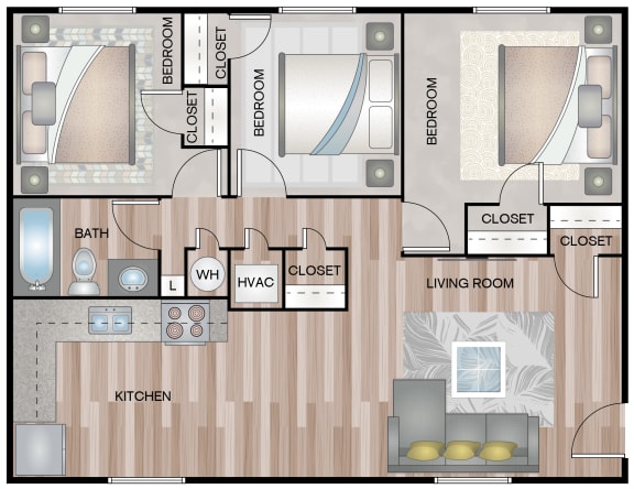 Floor Plan  C1 | 3 Bed / 1 Bath | 903 Sq Ft  at Sunset Heights, San Antonio, 78209