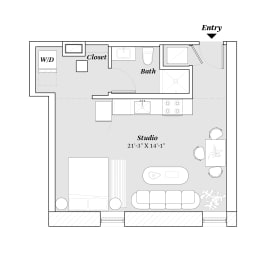 1 bedroom 1 bath A2 Floor Plan at 99 Front, Tennessee, 38103