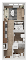 A floor plan of a small apartment with a kitchen, living room, and bathroom.