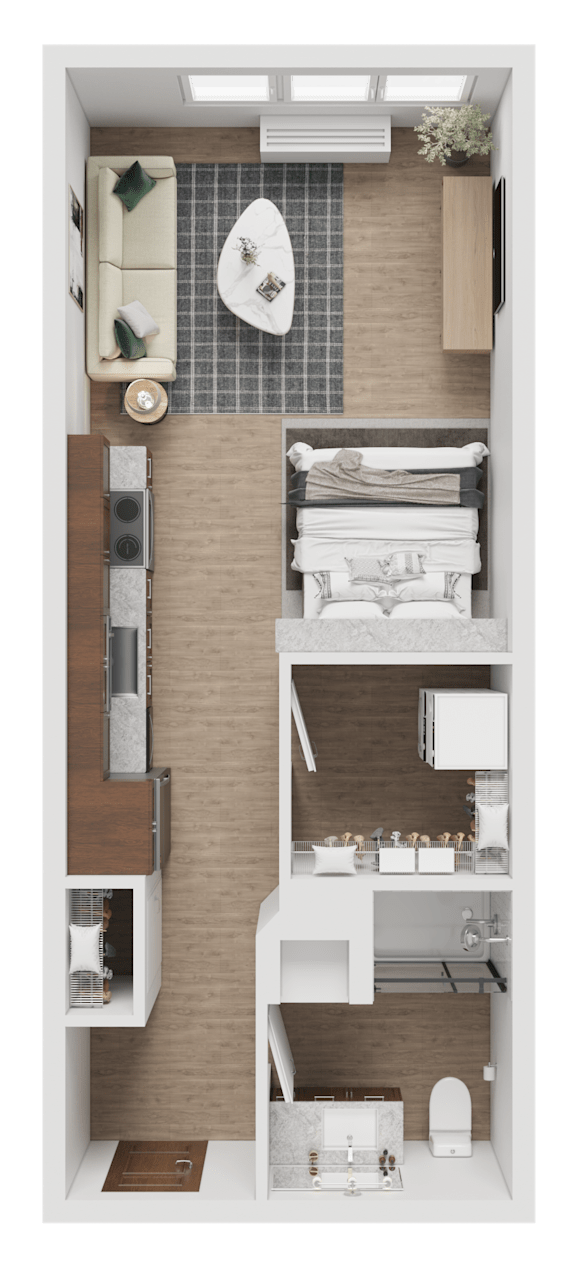 A floor plan of a small apartment with a kitchen, living room, and bathroom.