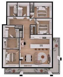 A floor plan of a house with a kitchen, living room, dining room, and two bedrooms.