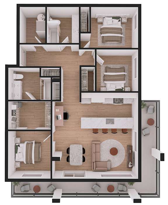 A floor plan of a house with a kitchen, living room, dining room, and two bedrooms.