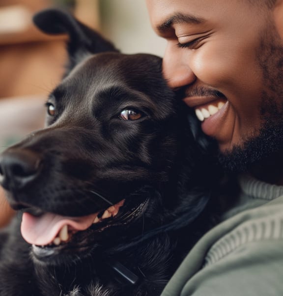 a man and a dog smiling at each other