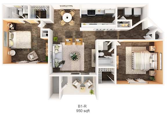 A 3D floor plan of a house with various rooms and furniture.