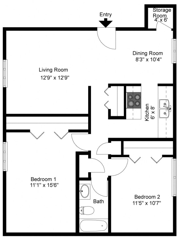 Two Bedroom Floor Plan at Bradford Manor Apartments, Hamlin, NY
