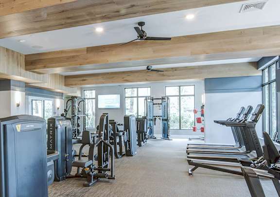A gym with a variety of equipment including treadmills, weights, and exercise machines.