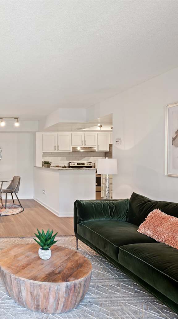 A living room with a green couch and a wooden coffee table.