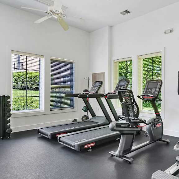 A spacious home gym with treadmills, elliptical machines, and a television.