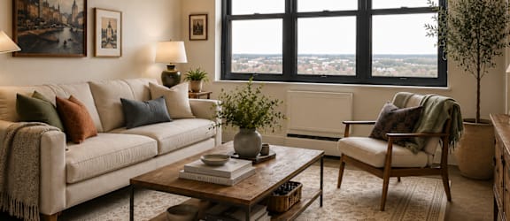 A cozy living room with a large window overlooking the city.