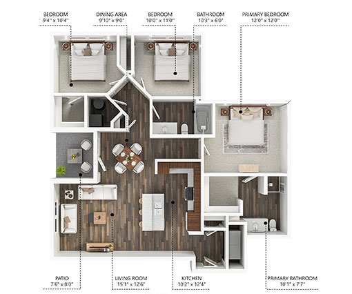 Floor Plan  3 bed 2 bath A at Stonegate Crossing Apartments, IOWA
