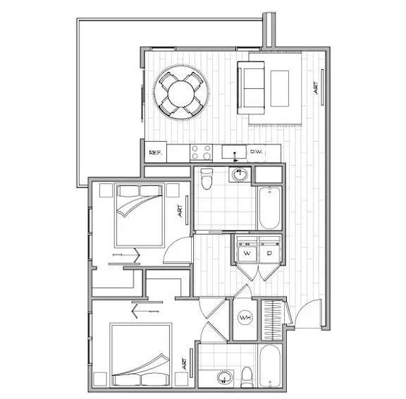 A floor plan of a house with a kitchen, living room, and two bedrooms.