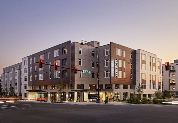 Building Exterior In Night at Postmark Apartments, Shoreline, WA