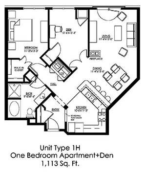 1 Bedroom Floor Plan at The Landings at Silver Lake Village, St. Anthony, 55421
