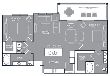 Two Bed Two Bath Floor Plan at Towers at Spring Creek, Garland, Texas