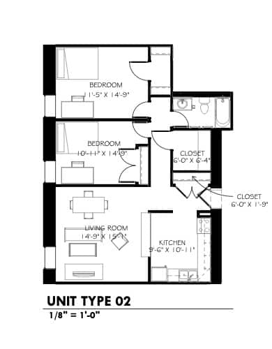 Floor Plan  A black and white diagram of a stonehouse square apartments floor plan.