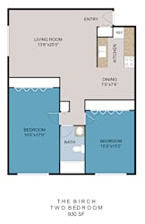 A floor plan of a two bedroom apartment with a living room, dining room, kitchen, and bathroom.