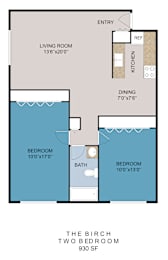 A floor plan of a two bedroom apartment with a living room, dining room, kitchen, and bathroom.