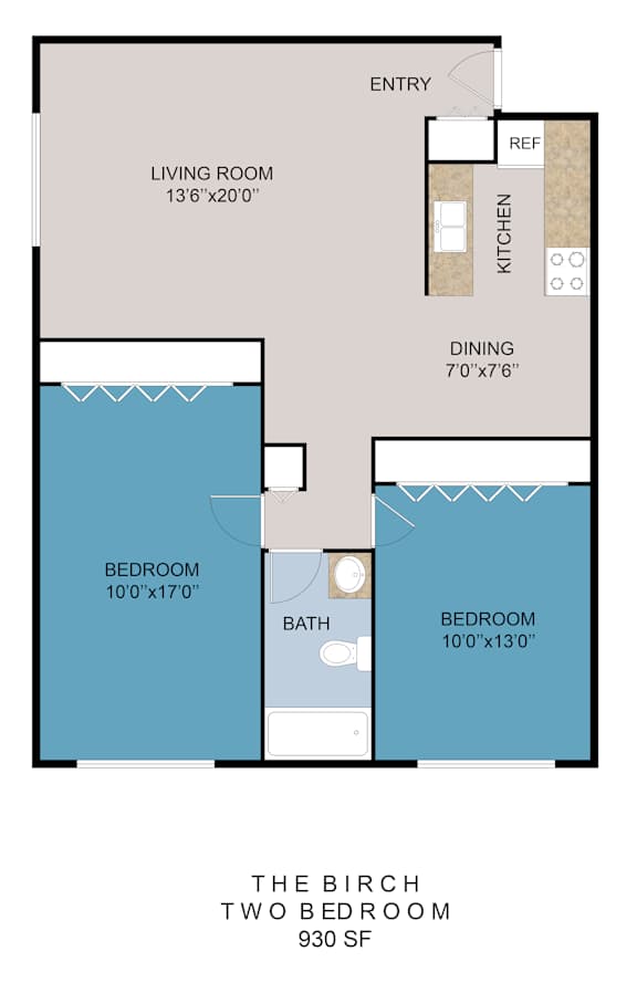 A floor plan of a two bedroom apartment with a living room, dining room, kitchen, and bathroom.