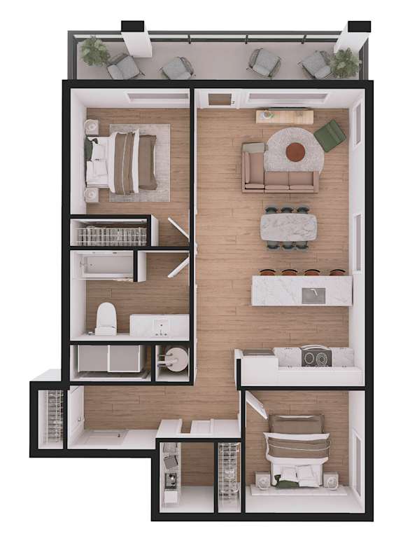 A 3D floor plan of a house with a kitchen, living room, and two bedrooms.