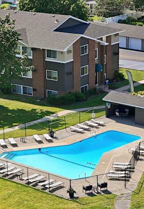 A large swimming pool surrounded by sun loungers and apartment buildings.