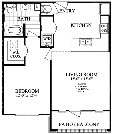 A floor plan of a one bedroom apartment with a living room, kitchen and bath.