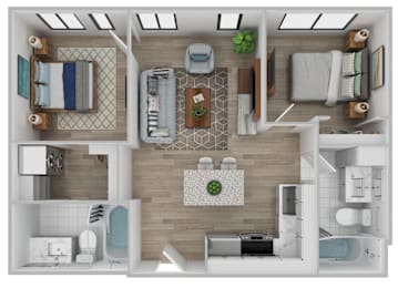 A top-down view of a small apartment with a kitchen, living room, and bathroom.