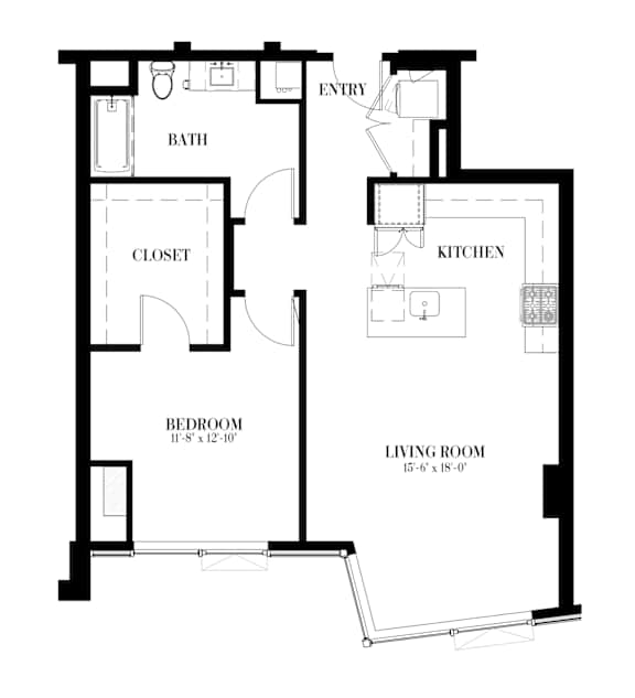 A black and white image of a floor plan for a one bedroom apartment.