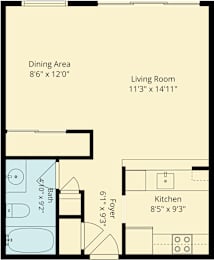 A floor plan of a small apartment with a living room, dining area, kitchen, and a powder room.