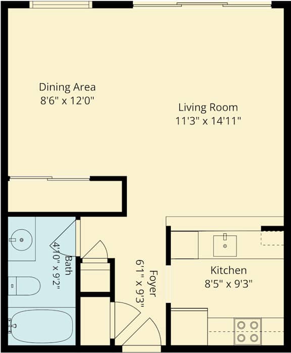 A floor plan of a small apartment with a living room, dining area, kitchen, and a powder room.
